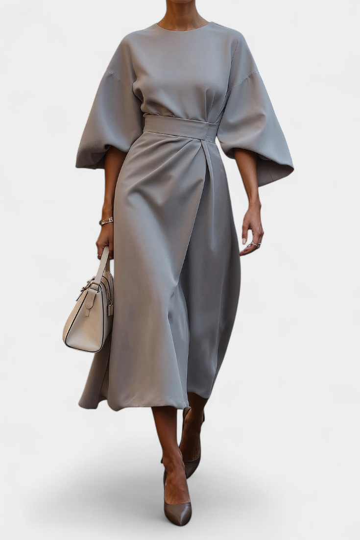 Robe Midi Micaela avec Manches Lantern et Taille Cintrée