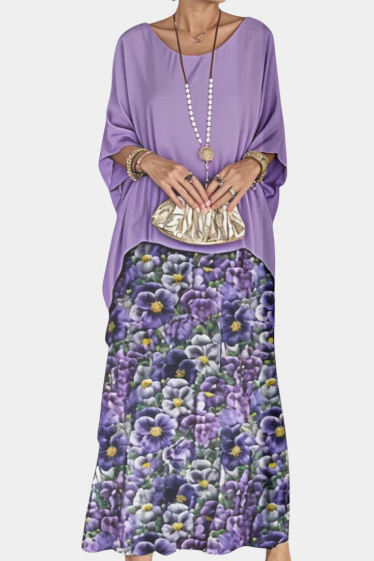 Robe Maxi Caroline à Manches Batwing avec Imprimé