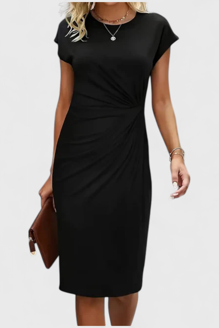 Robe Midi Intemporelle Katrina avec Col Rond et Détail Drapé