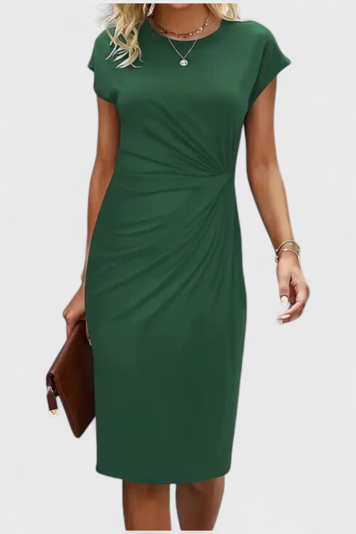 Robe Midi Intemporelle Katrina avec Col Rond et Détail Drapé