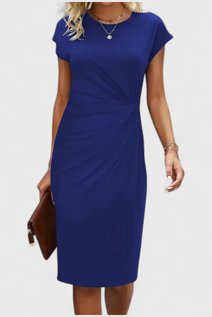 Robe Midi Intemporelle Katrina avec Col Rond et Détail Drapé