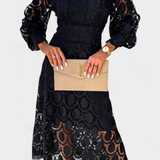 Robe Midi Jovie en Dentelle Brodée avec Col Montant