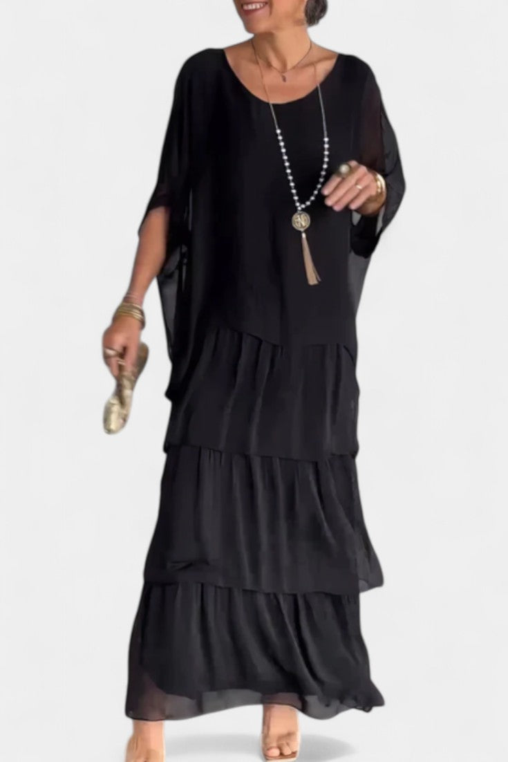 Robe Maxi Caroline avec Volants et Manches Chauve-Souris