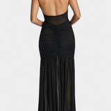 Robe Longue Therese en Milk Silk avec Décolleté Profond et Fronces Sculptés