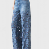 Pantalon Palazzo en Denim avec Broderie Florale Jasiel