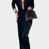 LaVerna Robe Longue en Velours Doré avec Col en V