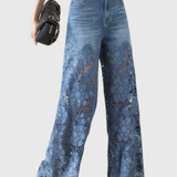 Pantalon Palazzo en Denim avec Broderie Florale Jasiel