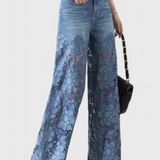 Pantalon Palazzo en Denim avec Broderie Florale Jasiel
