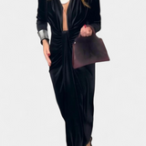 LaVerna Robe Longue en Velours Doré avec Col en V