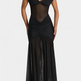 Robe Longue Therese en Milk Silk avec Décolleté Profond et Fronces Sculptés