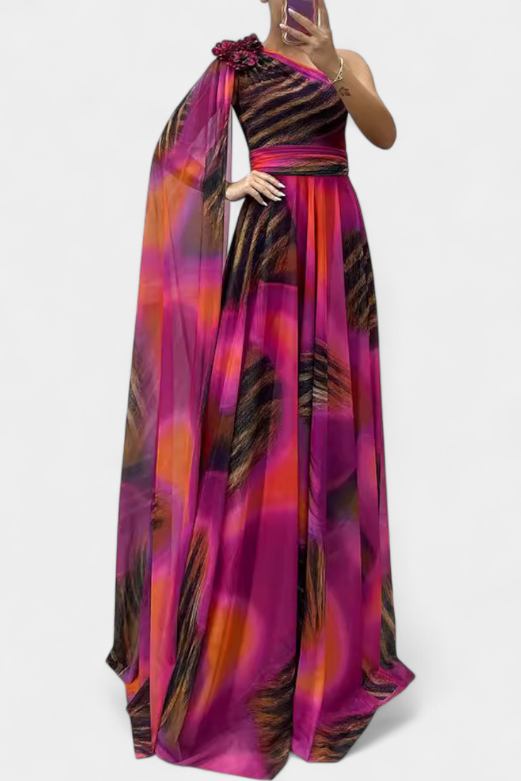 Cedara Robe Longue à Un Épaule avec Détail Floral